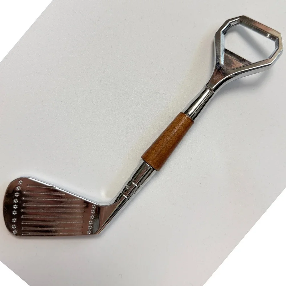 Vintage Golf Club Bottle Opener Chrome Metal Wood Grip Barware Sports Gift